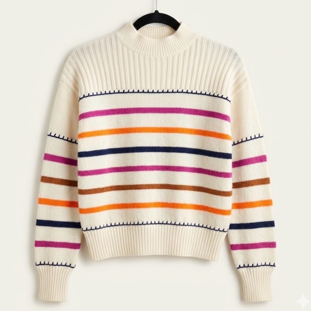 St. John's Bay Ribbed Mock Neck Striped Sweater Cream - Picture 1 of 4